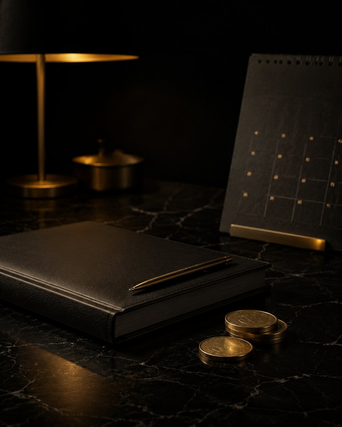 Mesa escura com um caderno financeiro e moedas douradas